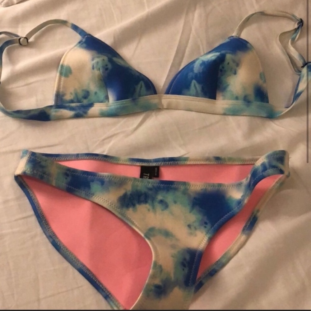 Blue Tie Dye Triangl Bikini Bottoms And Top